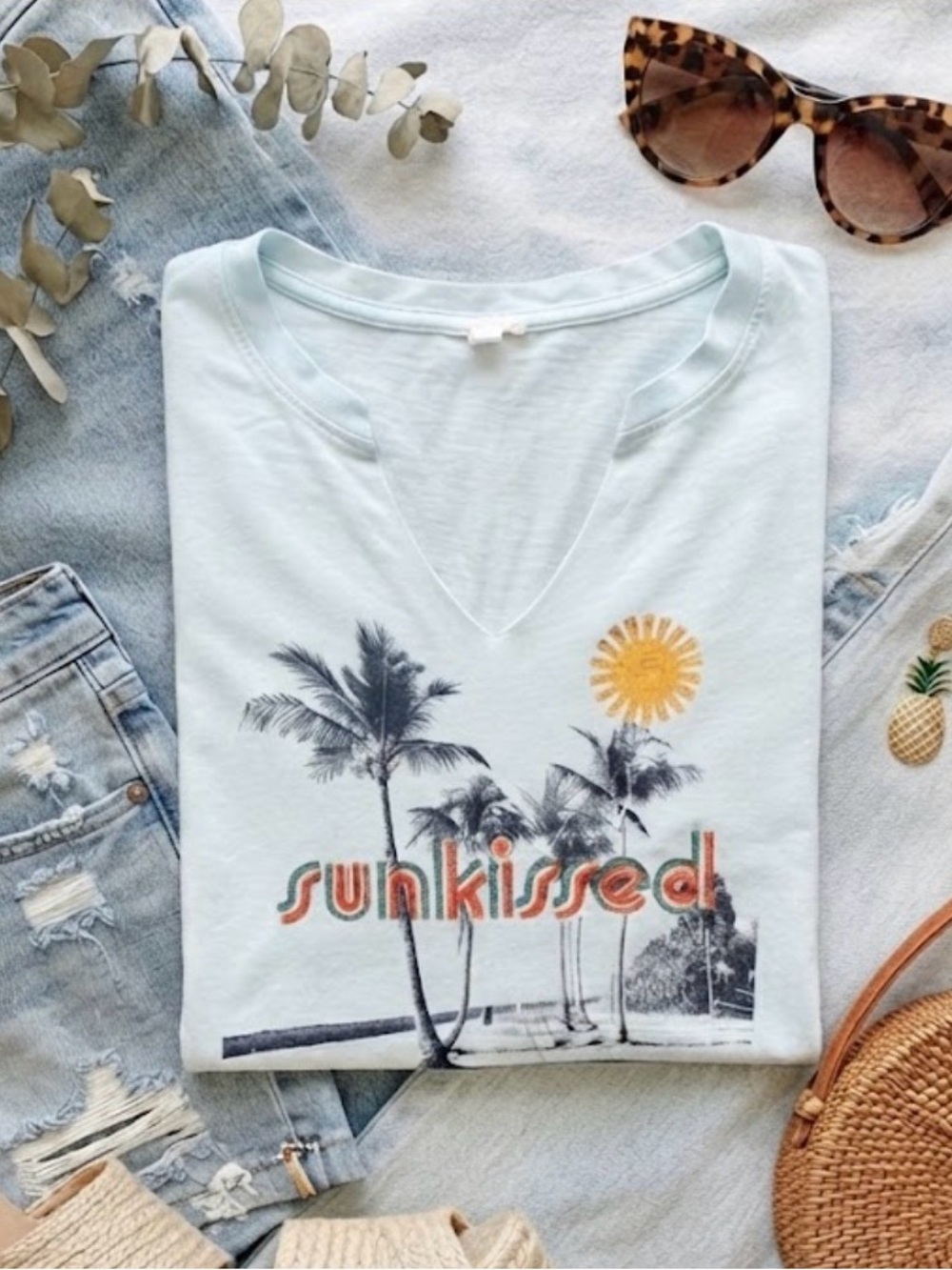 Maurices Light Blue 'Sunkissed' Palm V-Neck Tee